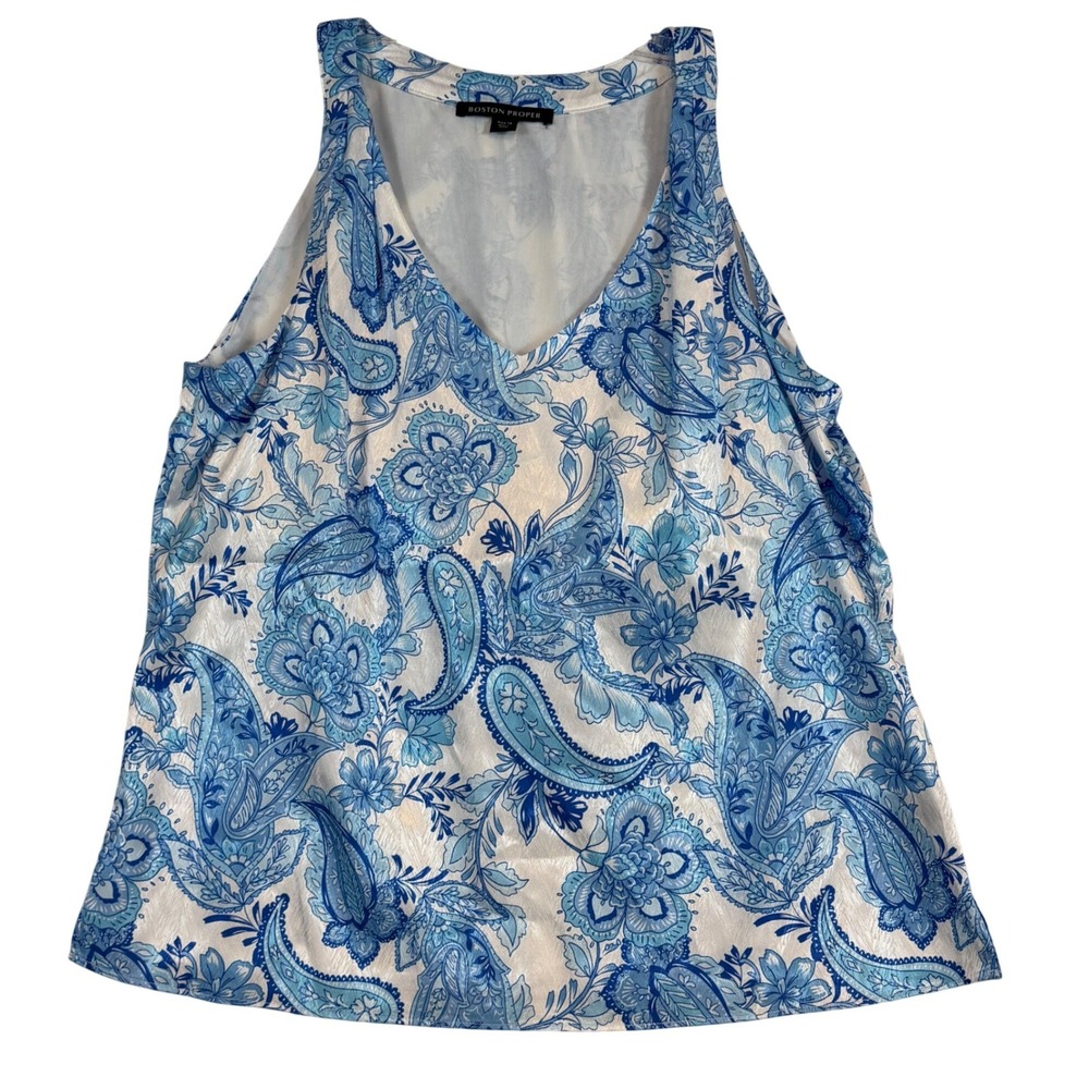 Boston Proper Blue Paisley Floral V-Neck Sleeveless Tank Top Blouse •14• Coastal